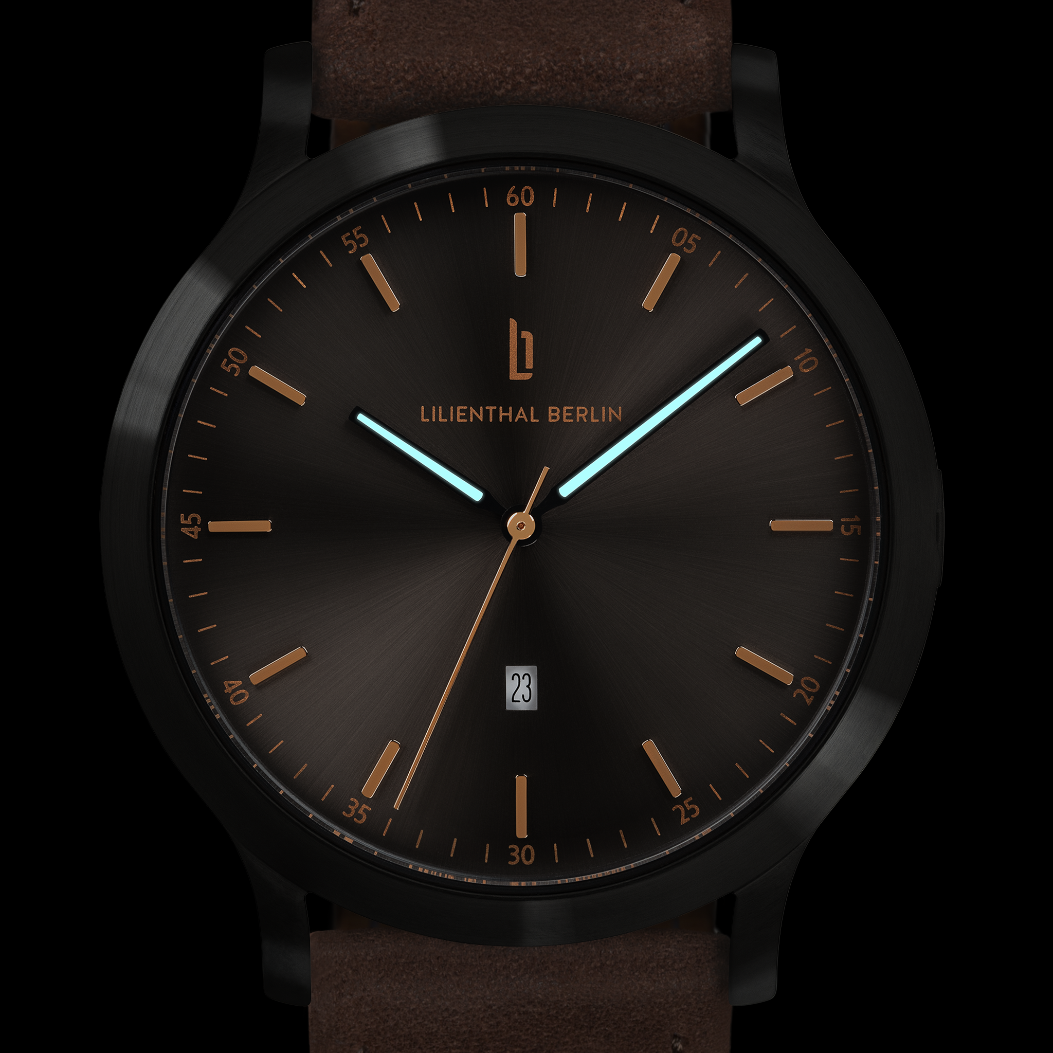 Modern black analog wristwatch with brown strap, gold markers, luminous hands, and date display