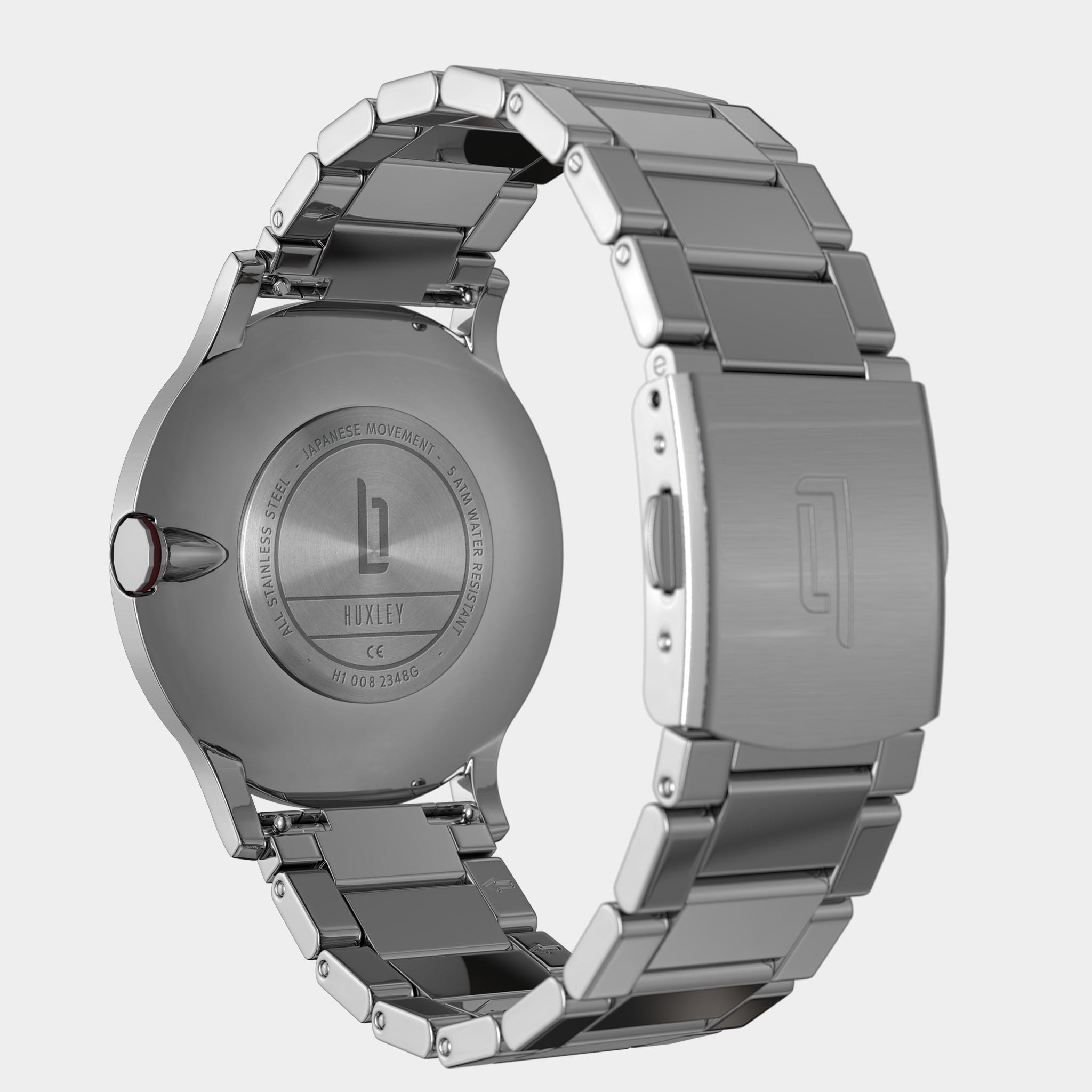 Stainless steel watch back with metal bracelet, engraved details, and clasp logo