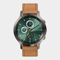 Green chronograph watch with brown leather strap and three subdials on silver bezel