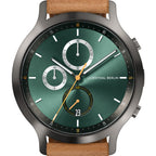 Green chronograph watch face with subdials, date display, and tan leather strap