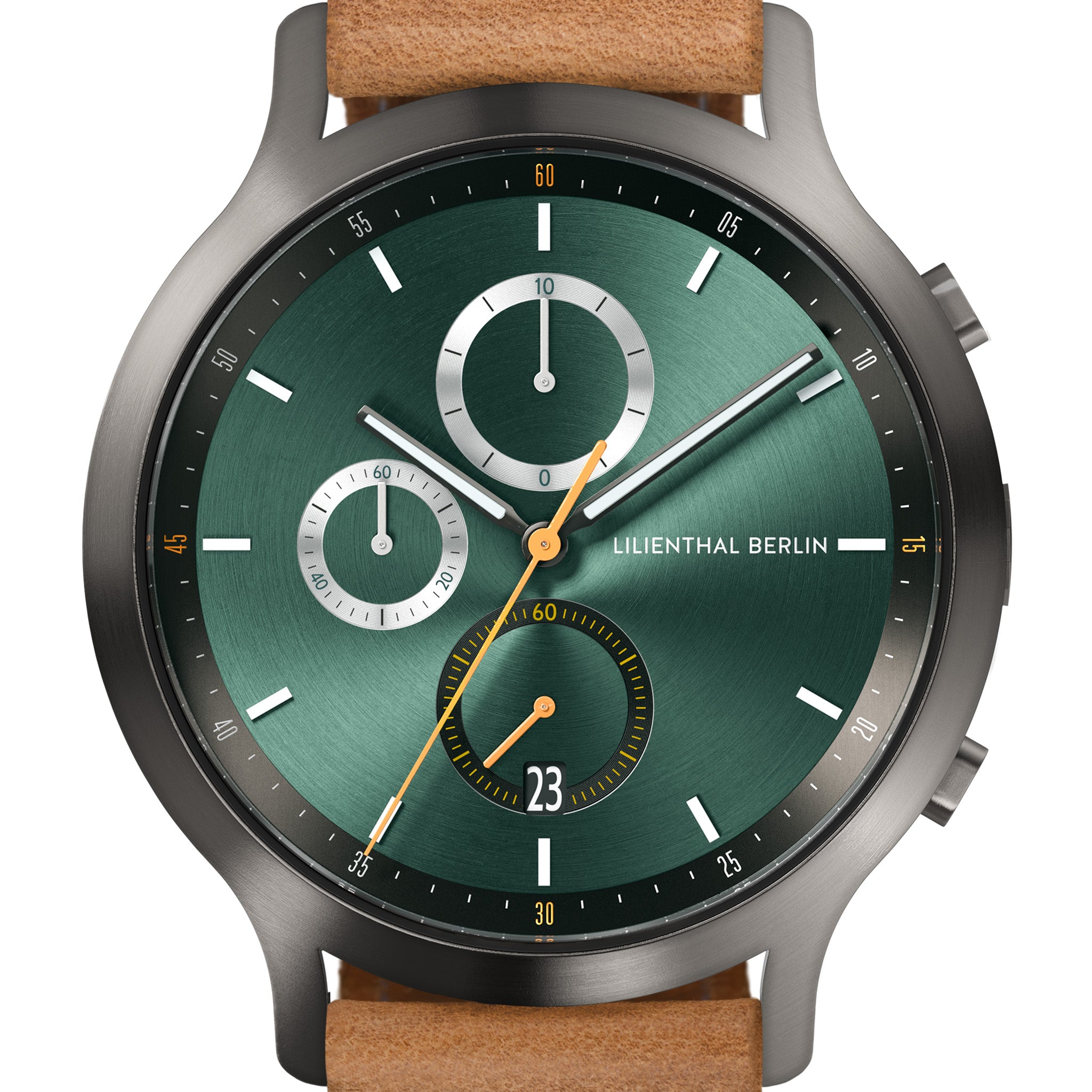 Green chronograph watch face with subdials, date display, and tan leather strap