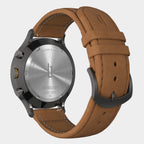 Chronograph watch with brown leather strap, stainless steel back, and black hardware