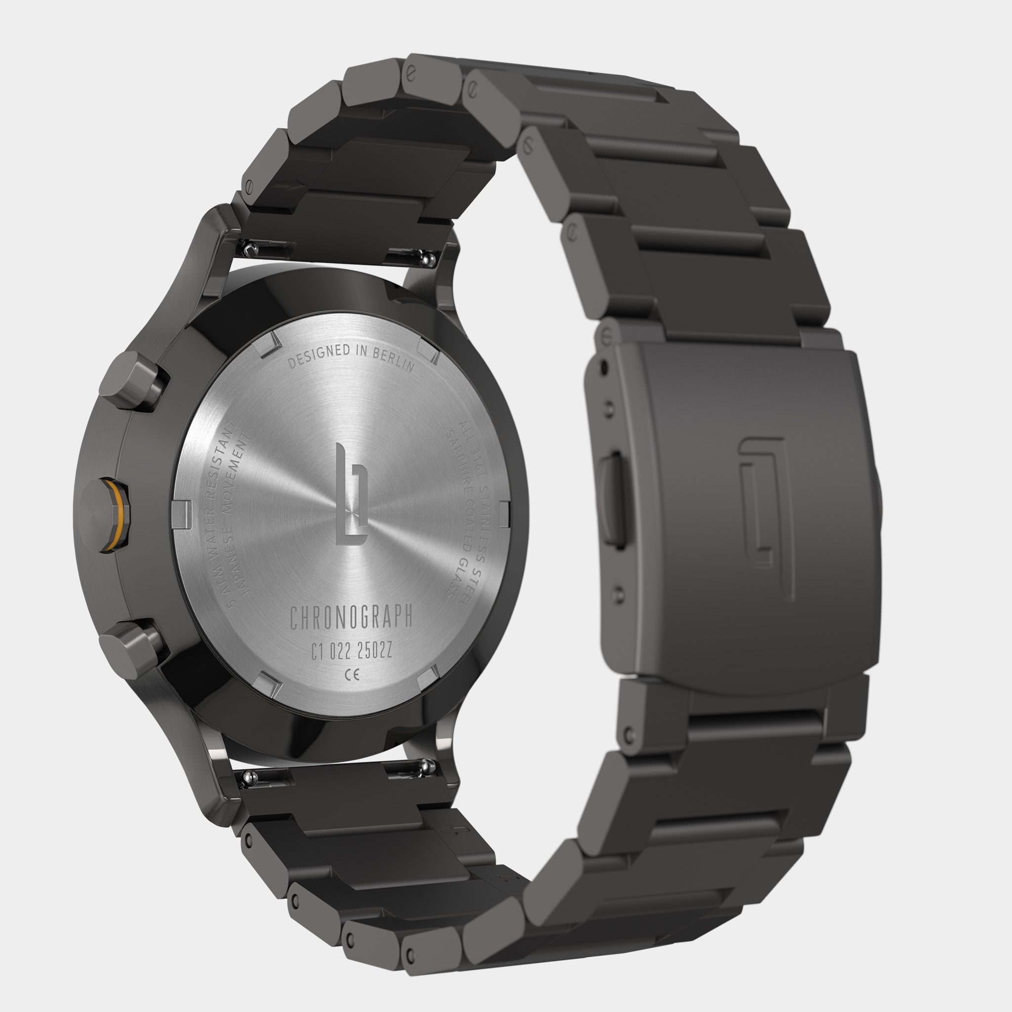 Stainless steel chronograph watch with black metal link bracelet, case back detailing, modern design