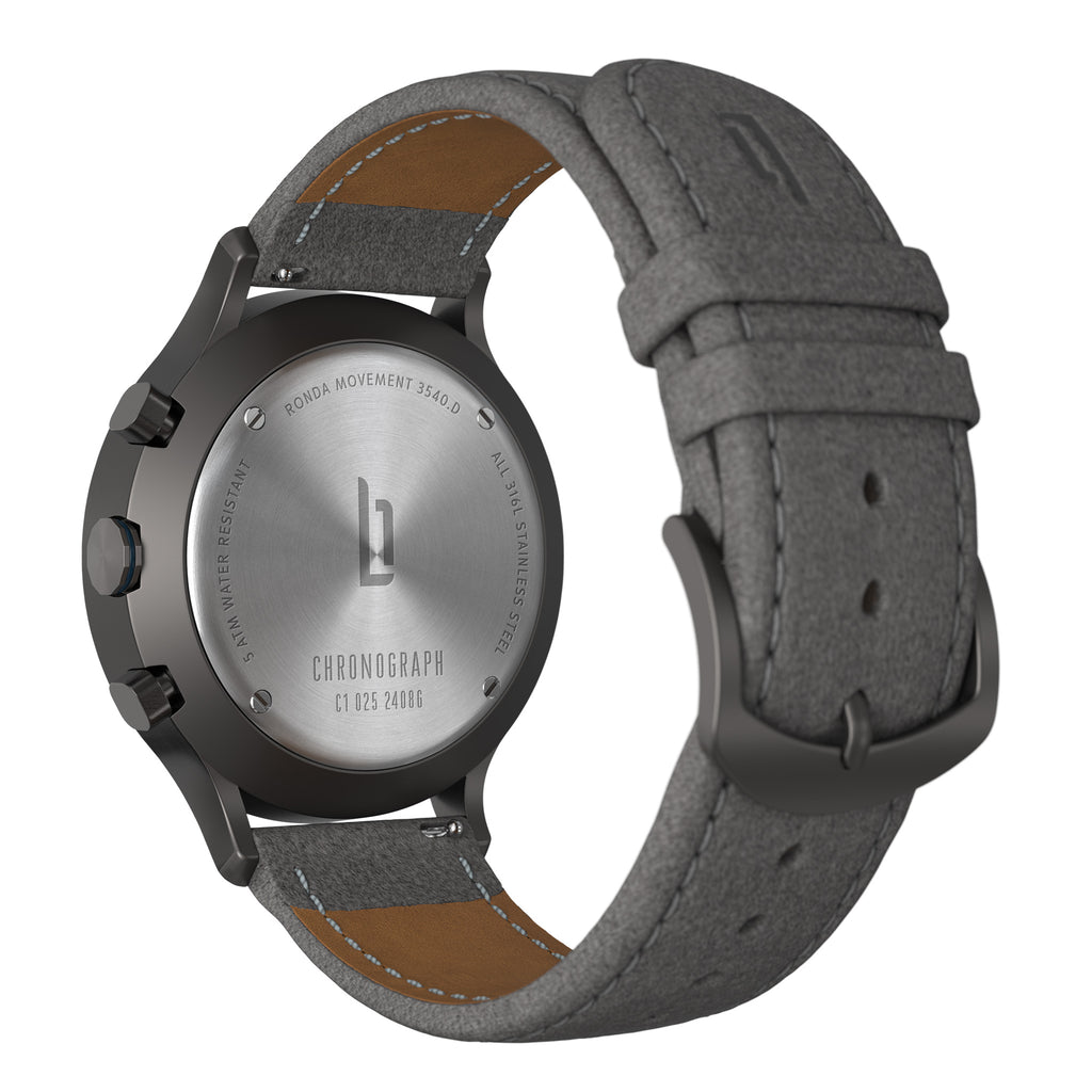 Back view of a chronograph watch with gray leather strap and stainless steel case