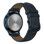 Back view of stainless steel chronograph watch with blue leather strap and engraved caseback