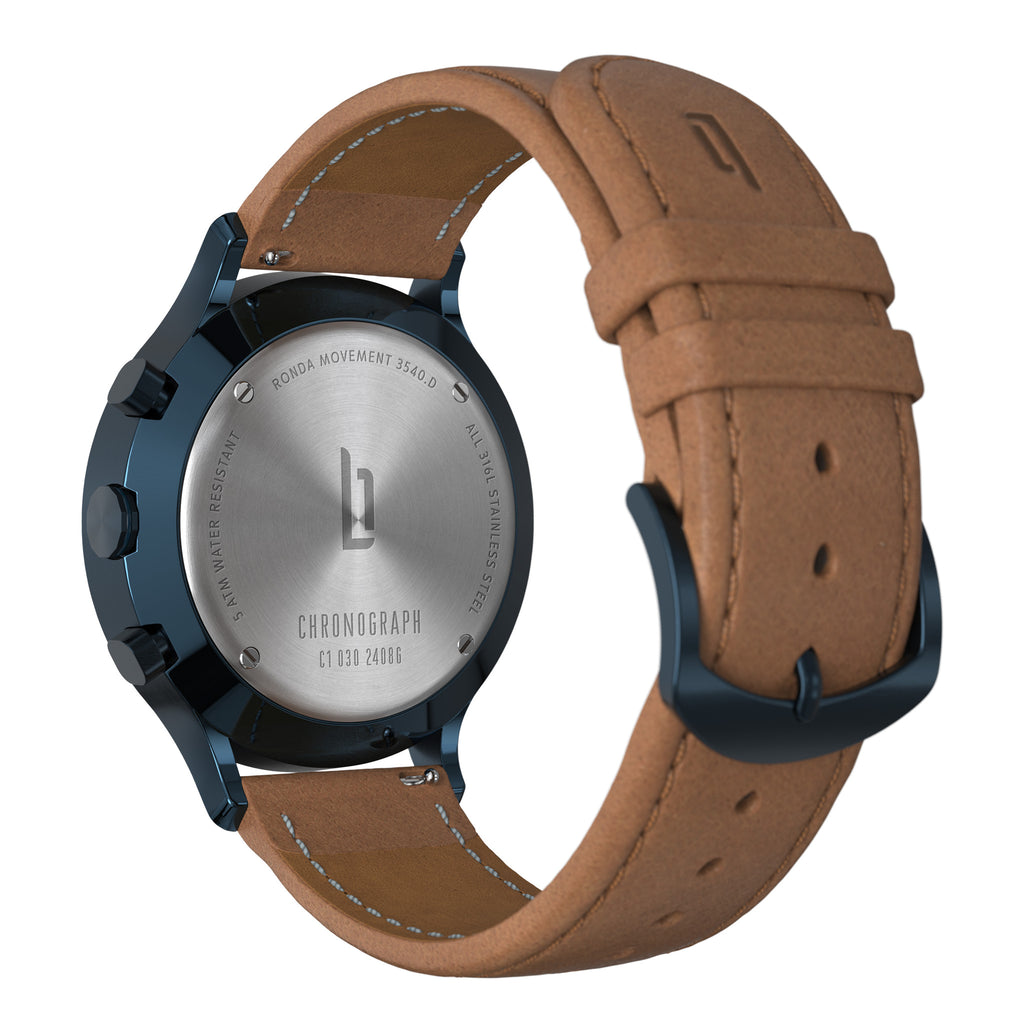 Back of stainless steel chronograph watch with brown leather strap and engraved details