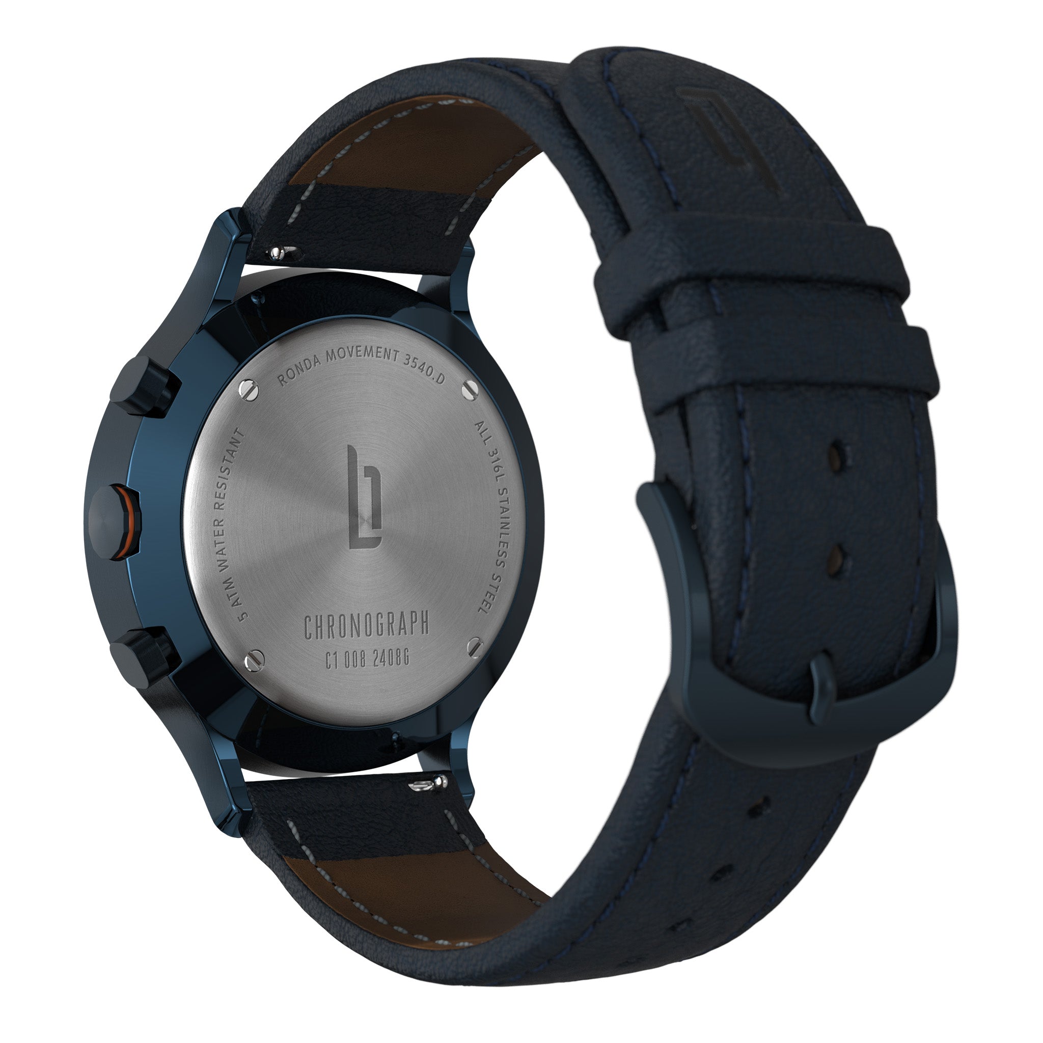 Back view of a blue chronograph wristwatch with leather strap and stainless steel case