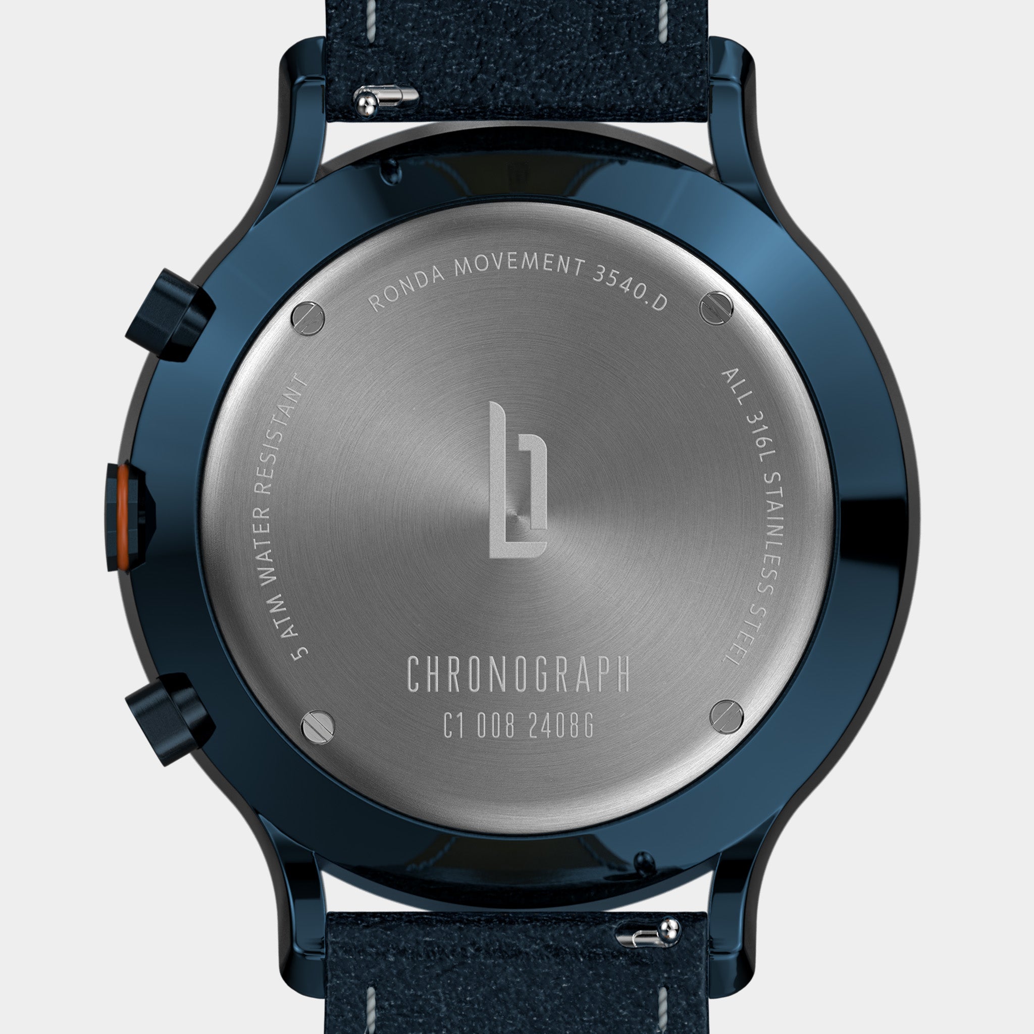 Back of stainless steel chronograph watch with engraved case, blue accents, and black strap