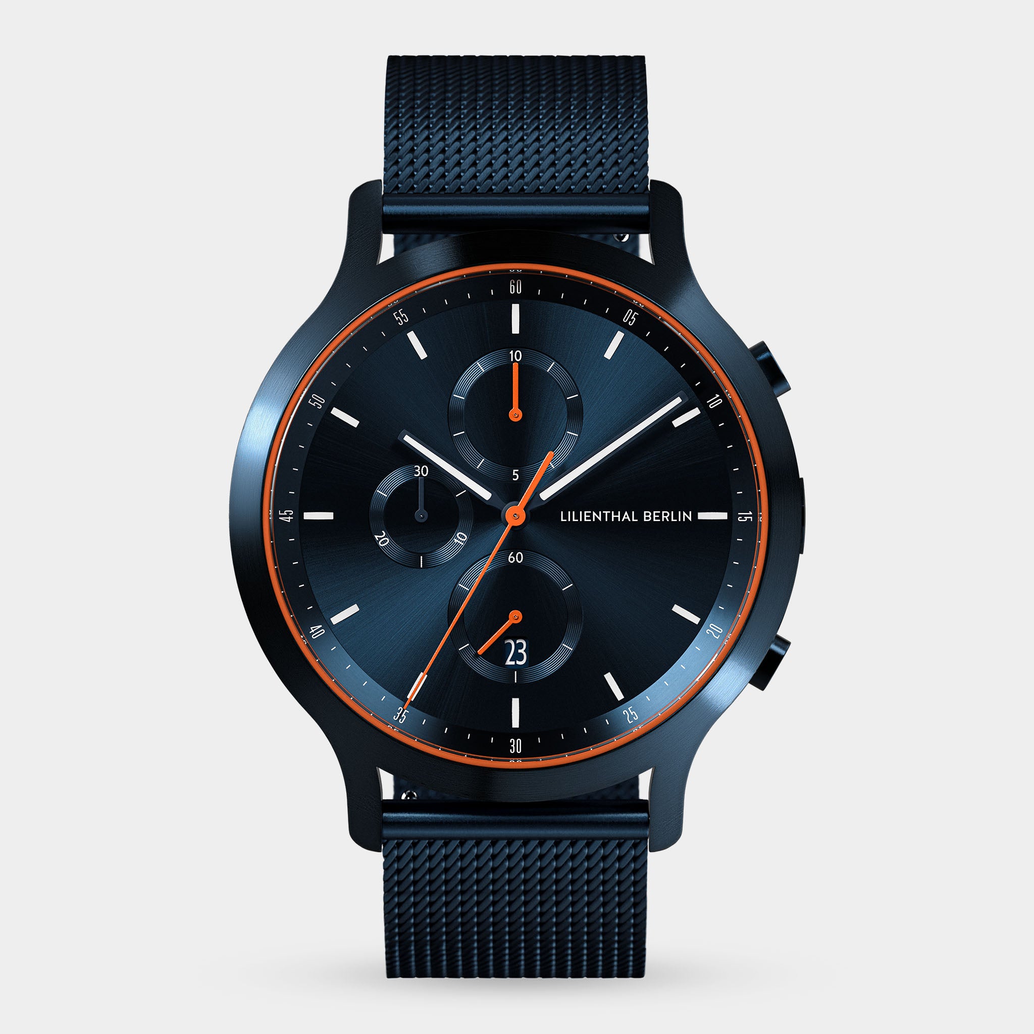 Modern men's chronograph watch with blue dial, orange accents, and mesh strap on white background