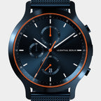 Modern black chronograph watch with orange accents and mesh band, subdials and date display