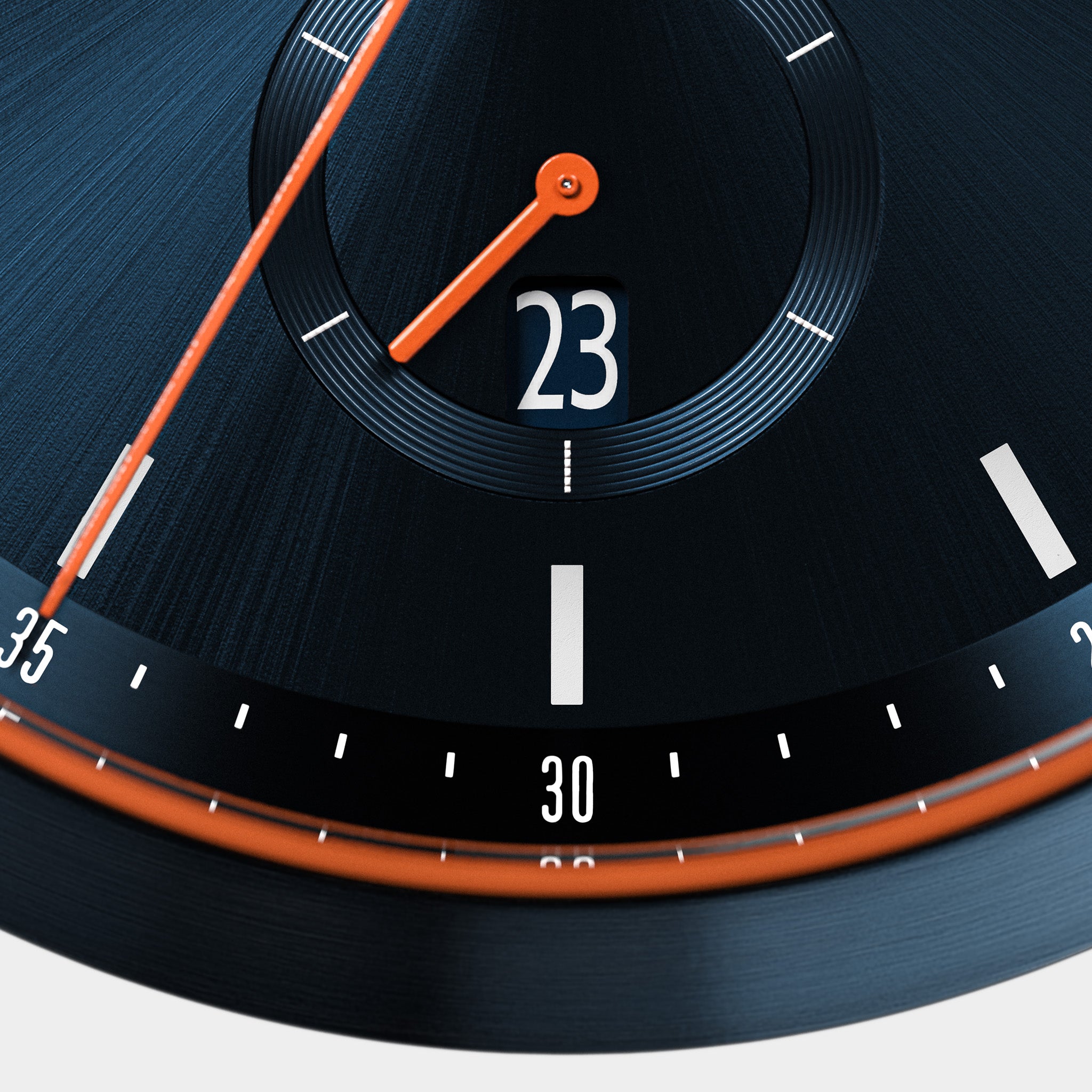 Close-up of a modern black watch face with orange hands, date display, and minimal hour markers