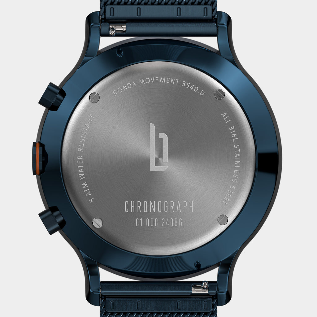 Chronograph watch case back in stainless steel with Ronda movement and water resistance markings
