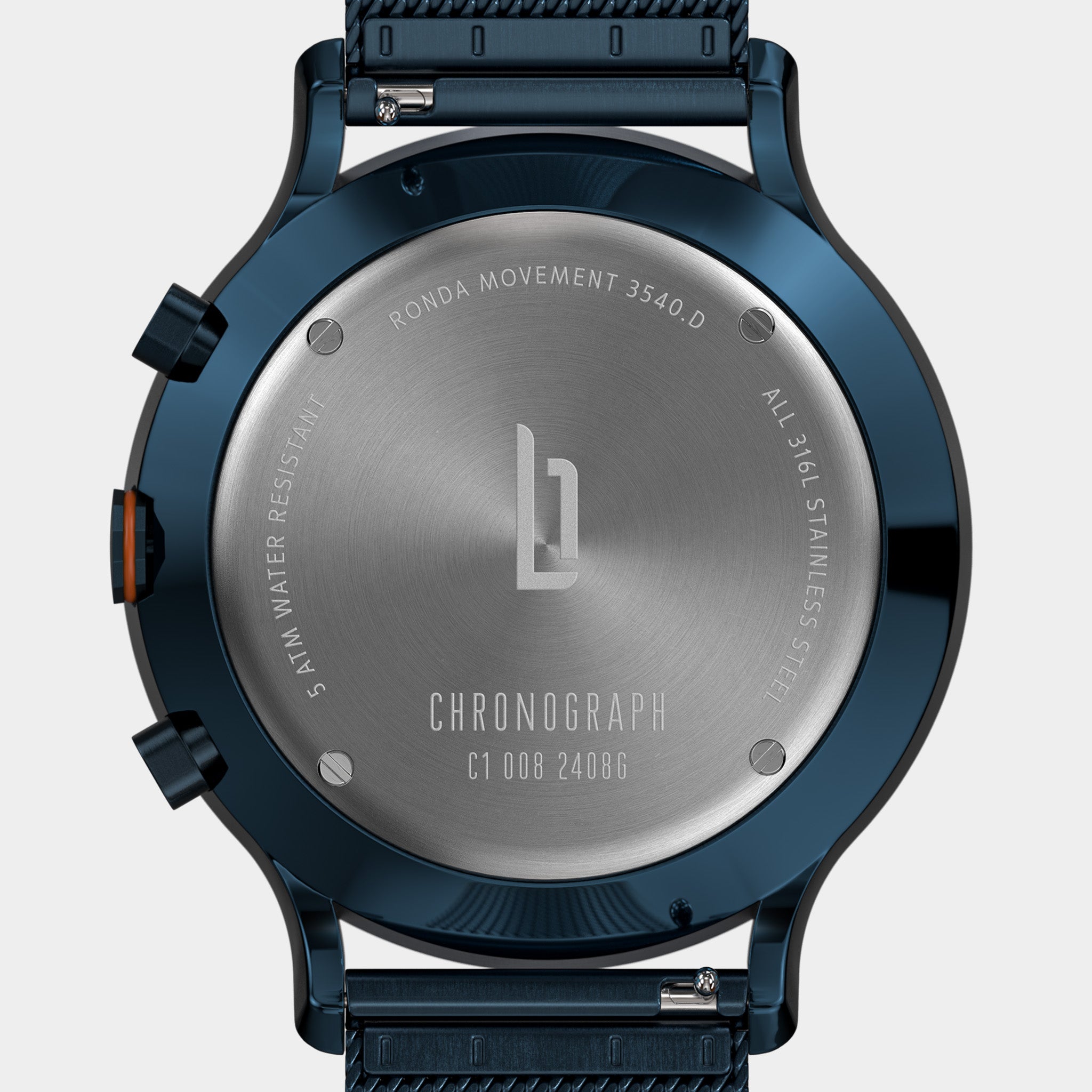 Chronograph watch case back in stainless steel with Ronda movement and water resistance markings