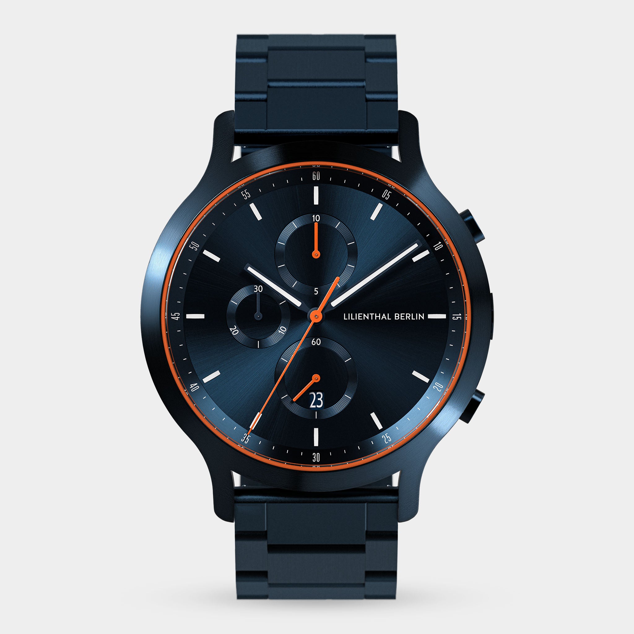 Modern blue chronograph watch with black metal strap and orange accents on white background