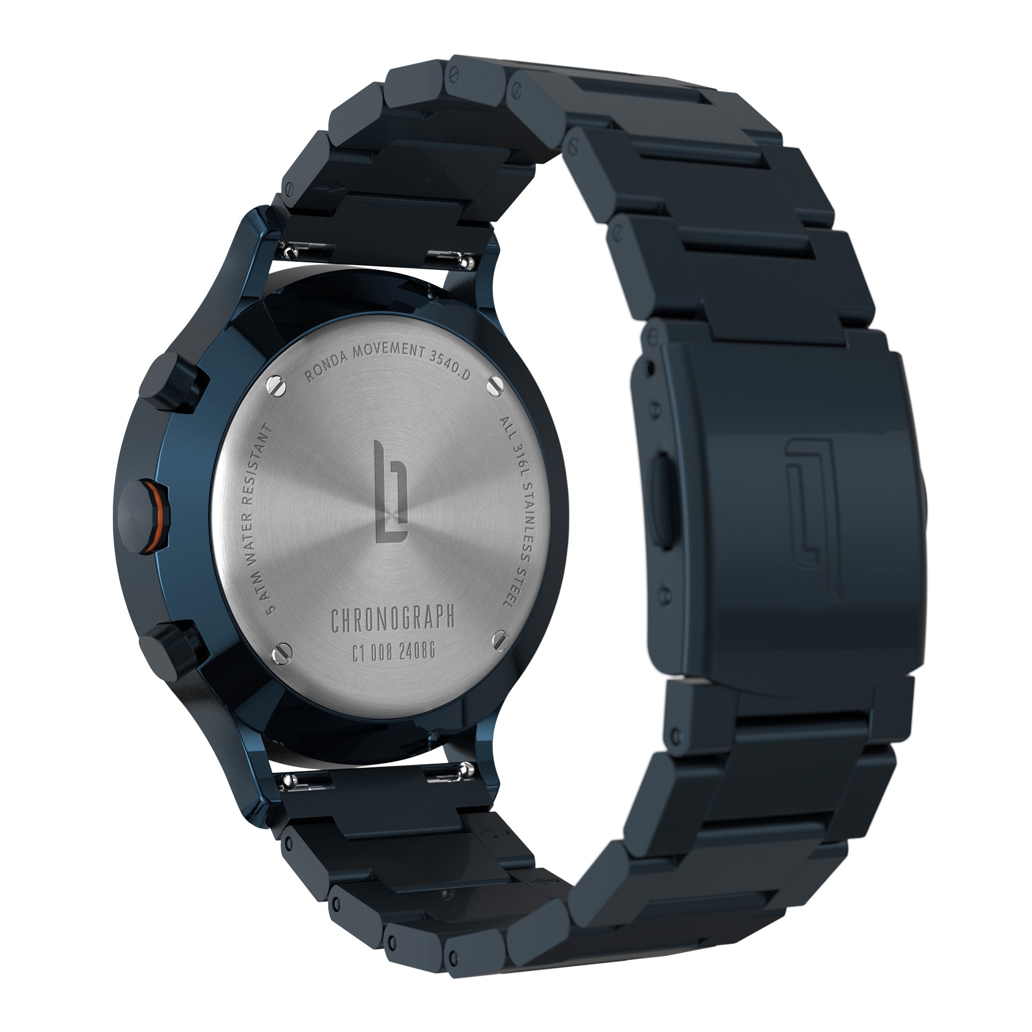 Stainless steel chronograph watch back with logo, black metal bracelet, and engraved details