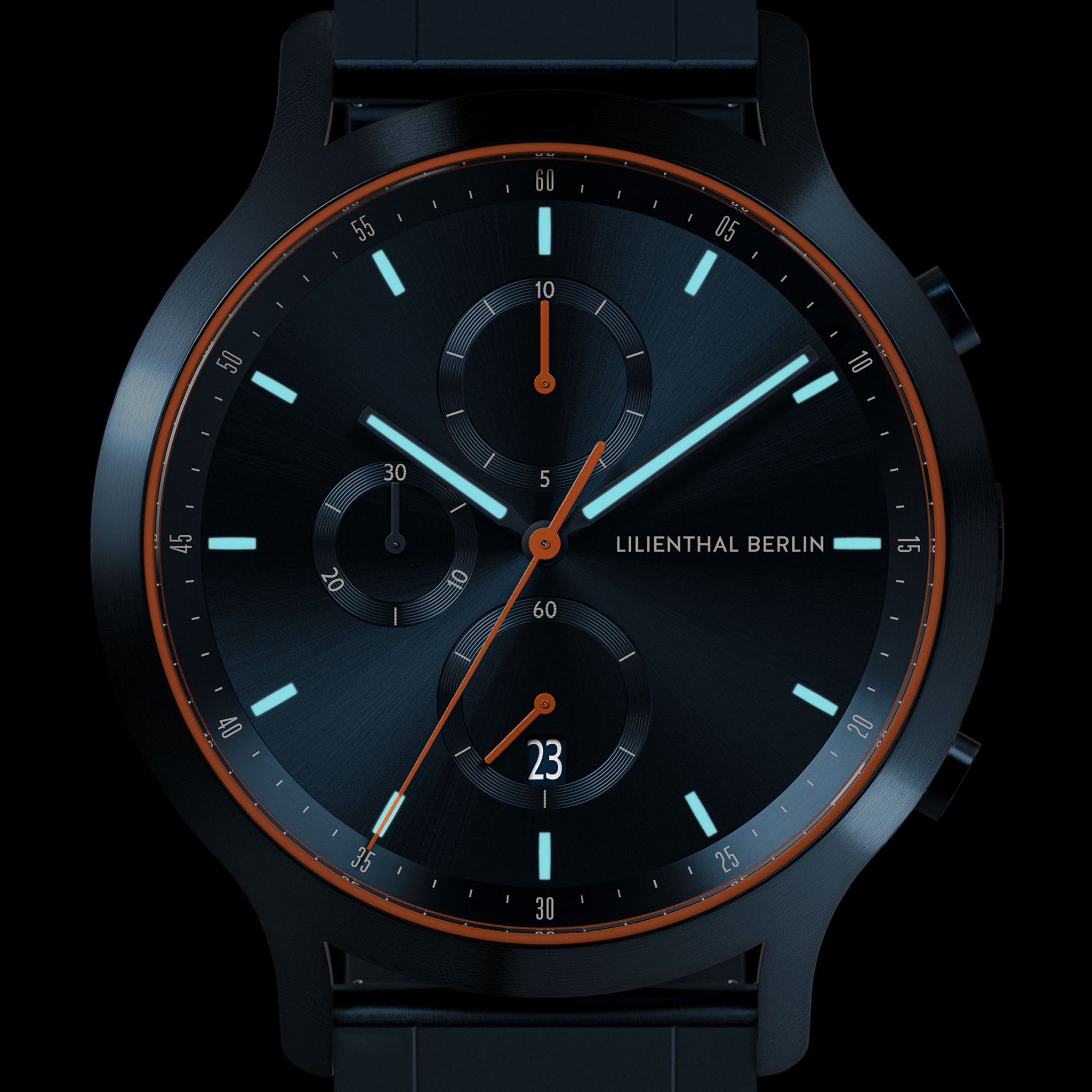 Sleek black chronograph watch with blue accents, orange details, and three subdials