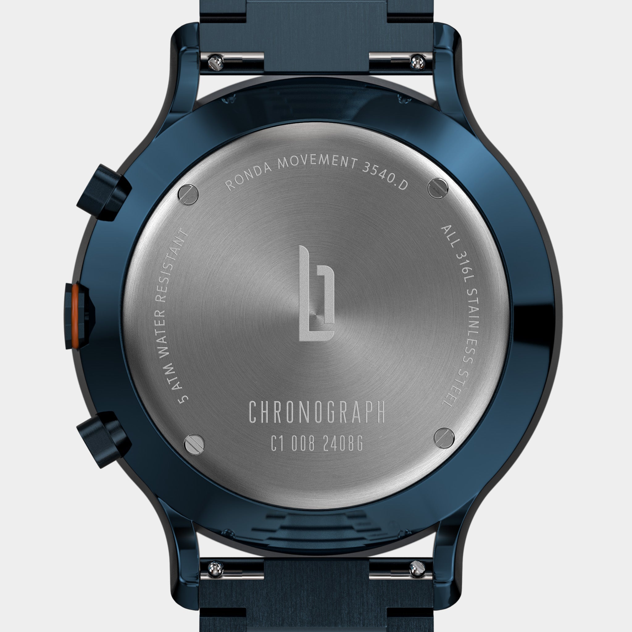 Back of blue stainless steel chronograph watch with engraved details and logo