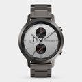 Modern stainless steel chronograph wristwatch with black subdials and metal link bracelet