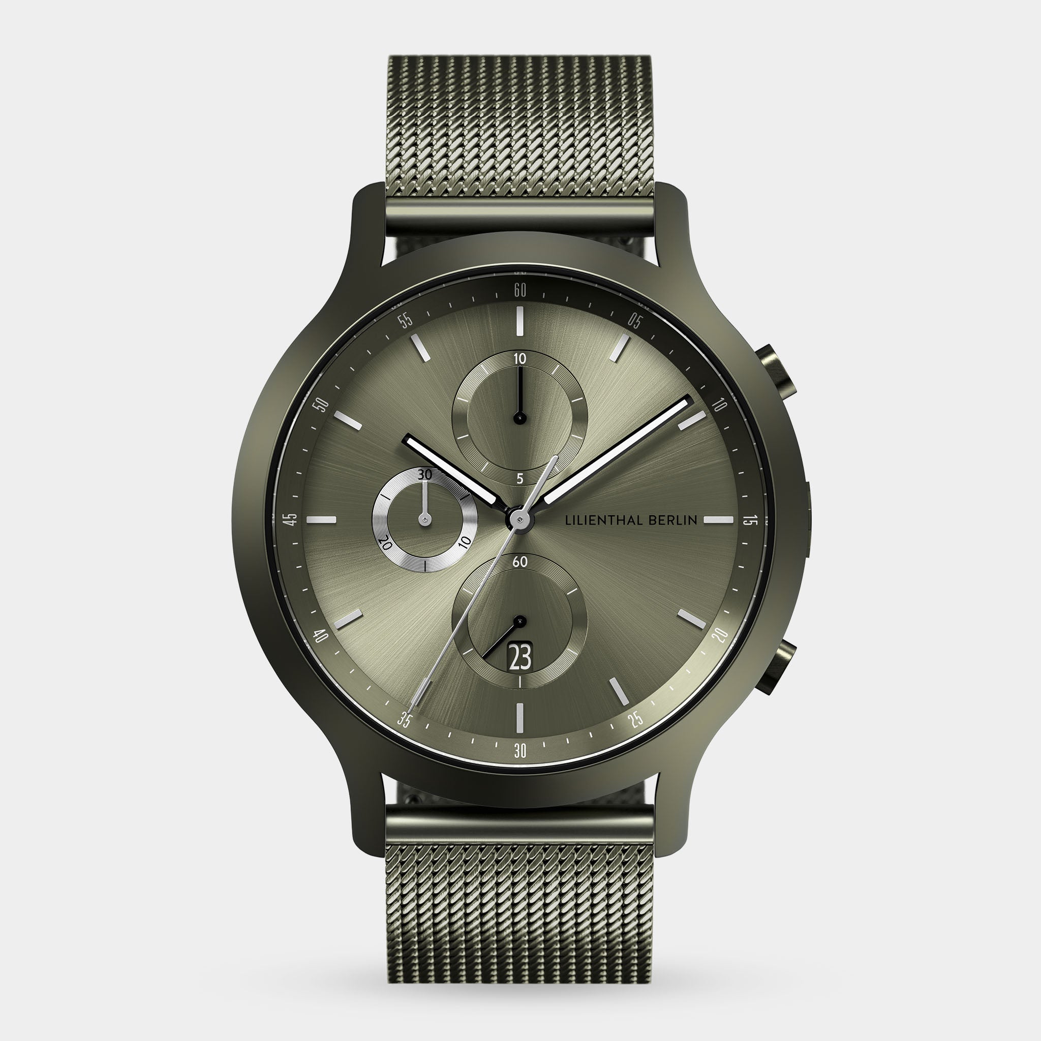 Men's chronograph watch with metallic mesh strap, olive green dial, and subdials on white background