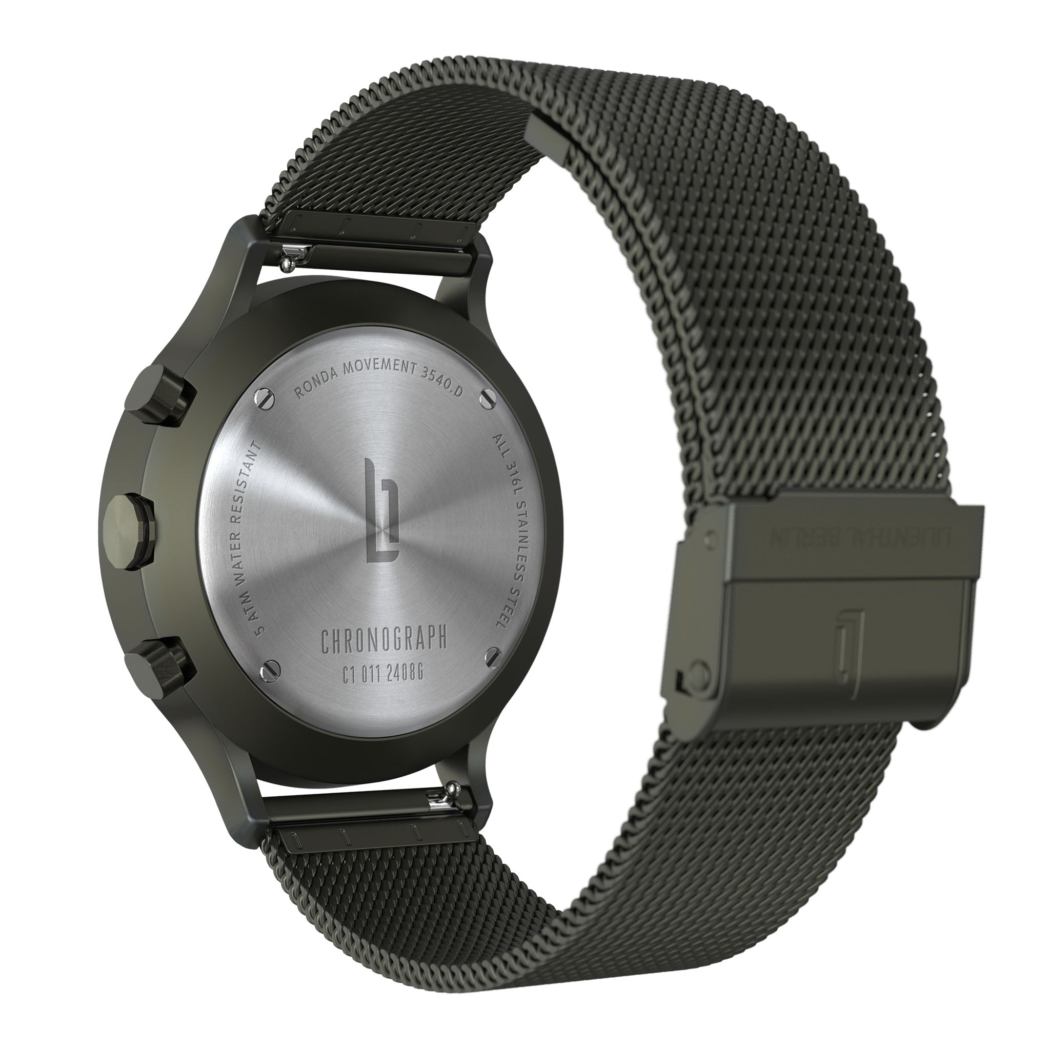 Stainless steel chronograph watch back with mesh strap and engraved details