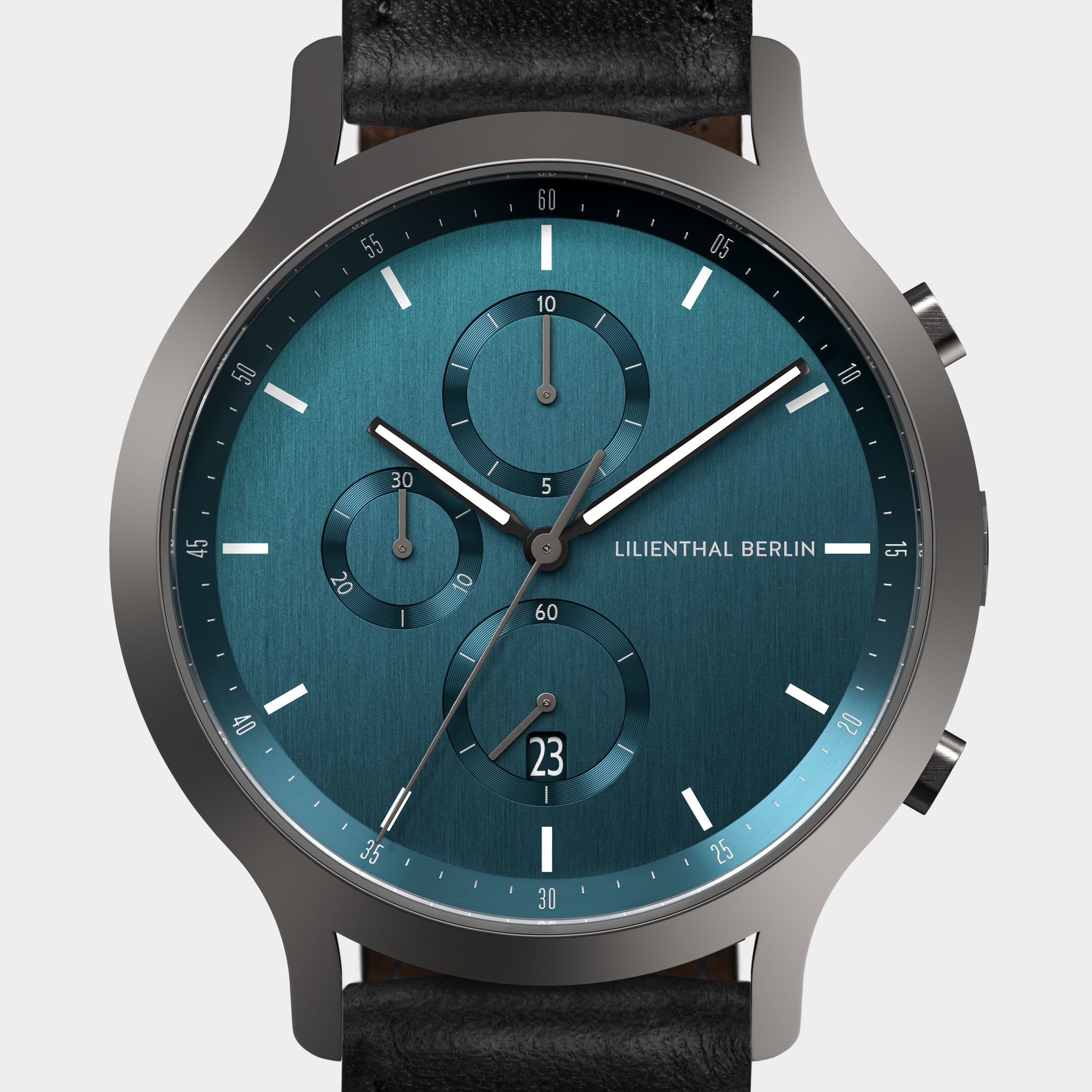 Modern blue chronograph watch with date display and black leather strap