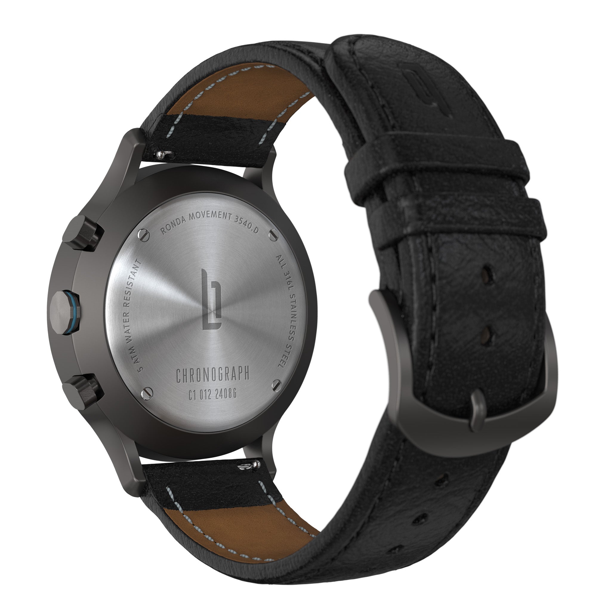 Stainless steel chronograph watch caseback with black leather strap, close-up view