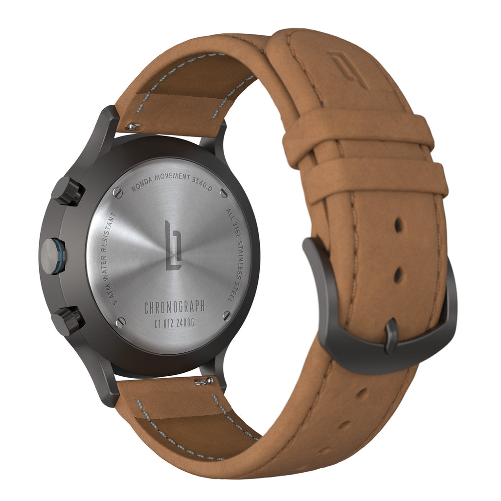 Back view of chronograph watch with stainless steel case and brown leather strap