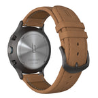 Back view of chronograph watch with stainless steel case and brown leather strap