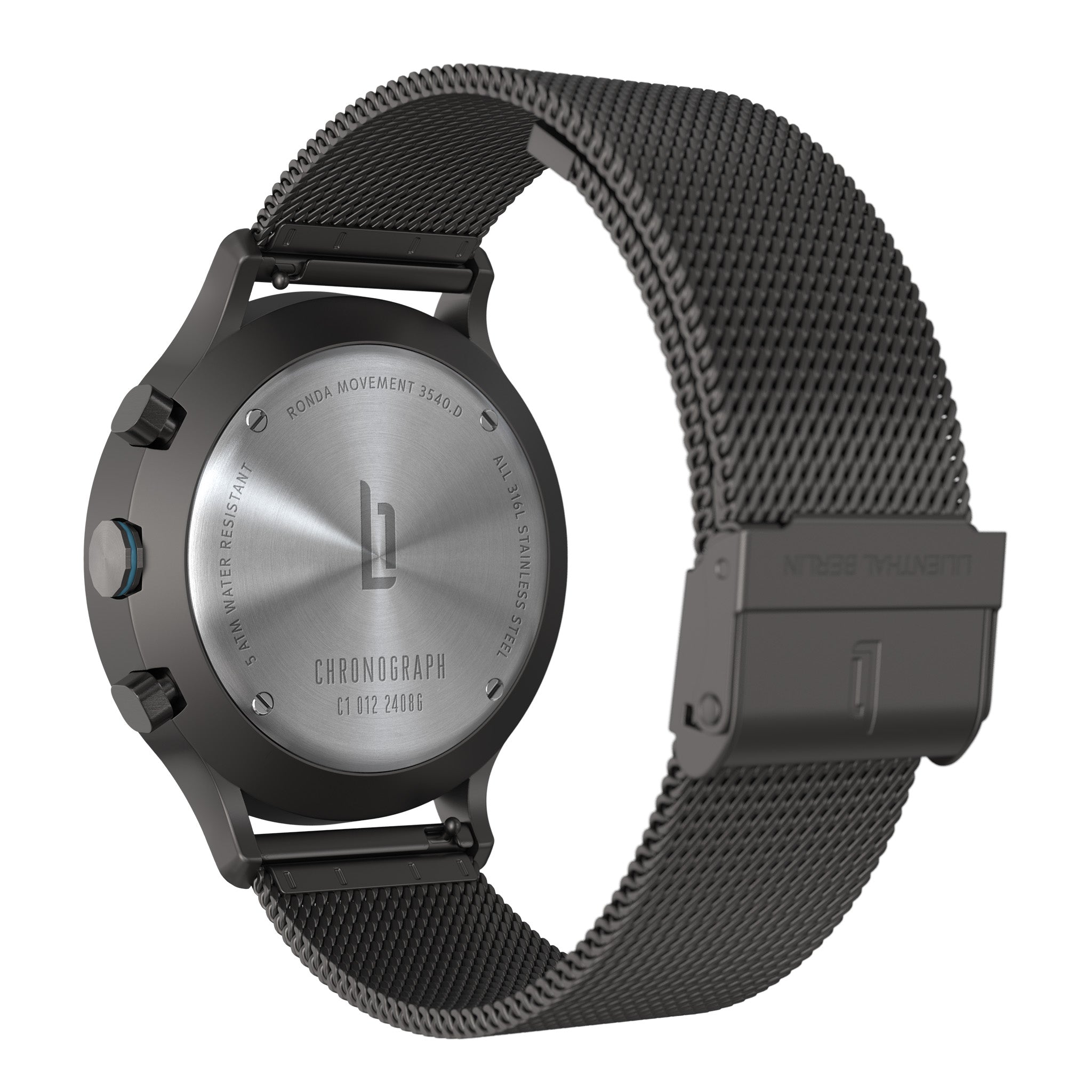 Stainless steel chronograph watch with mesh band and engraved caseback, minimalist design.