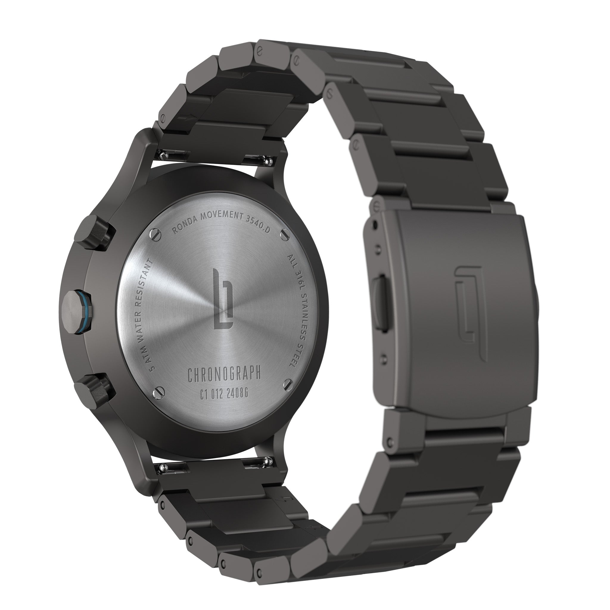 Back view of a stainless steel chronograph watch with black metal link bracelet