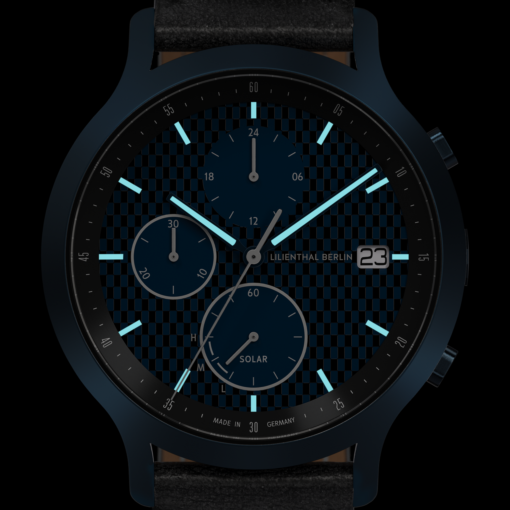 Black solar-powered chronograph watch with blue accents, date display, and textured face