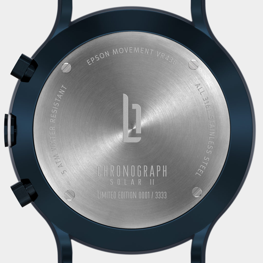 Back of stainless steel chronograph watch, limited edition, 5 ATM water resistant