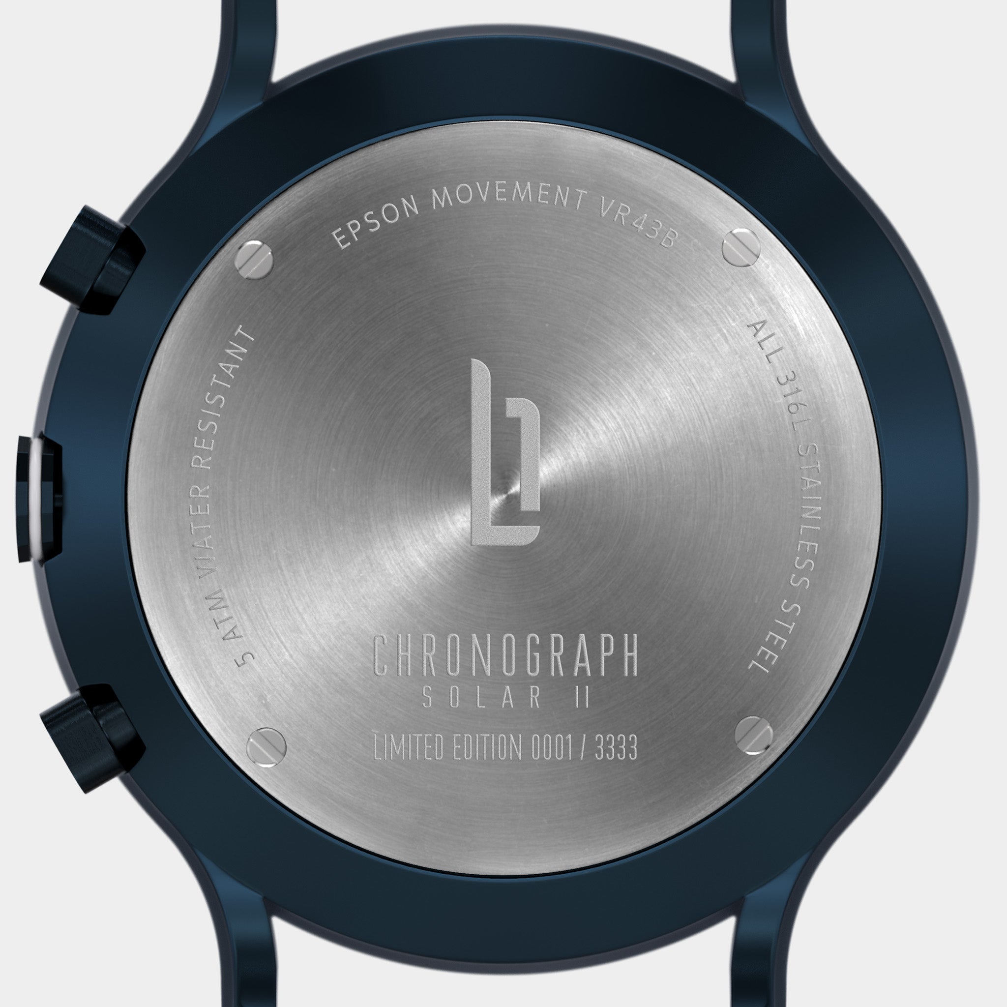 Back of stainless steel chronograph watch, limited edition, 5 ATM water resistant