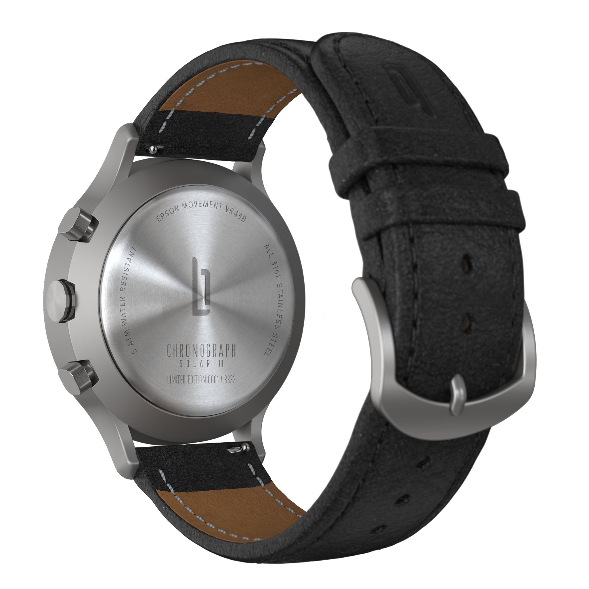 Back view of a stainless steel chronograph watch with black leather strap and engraved caseback