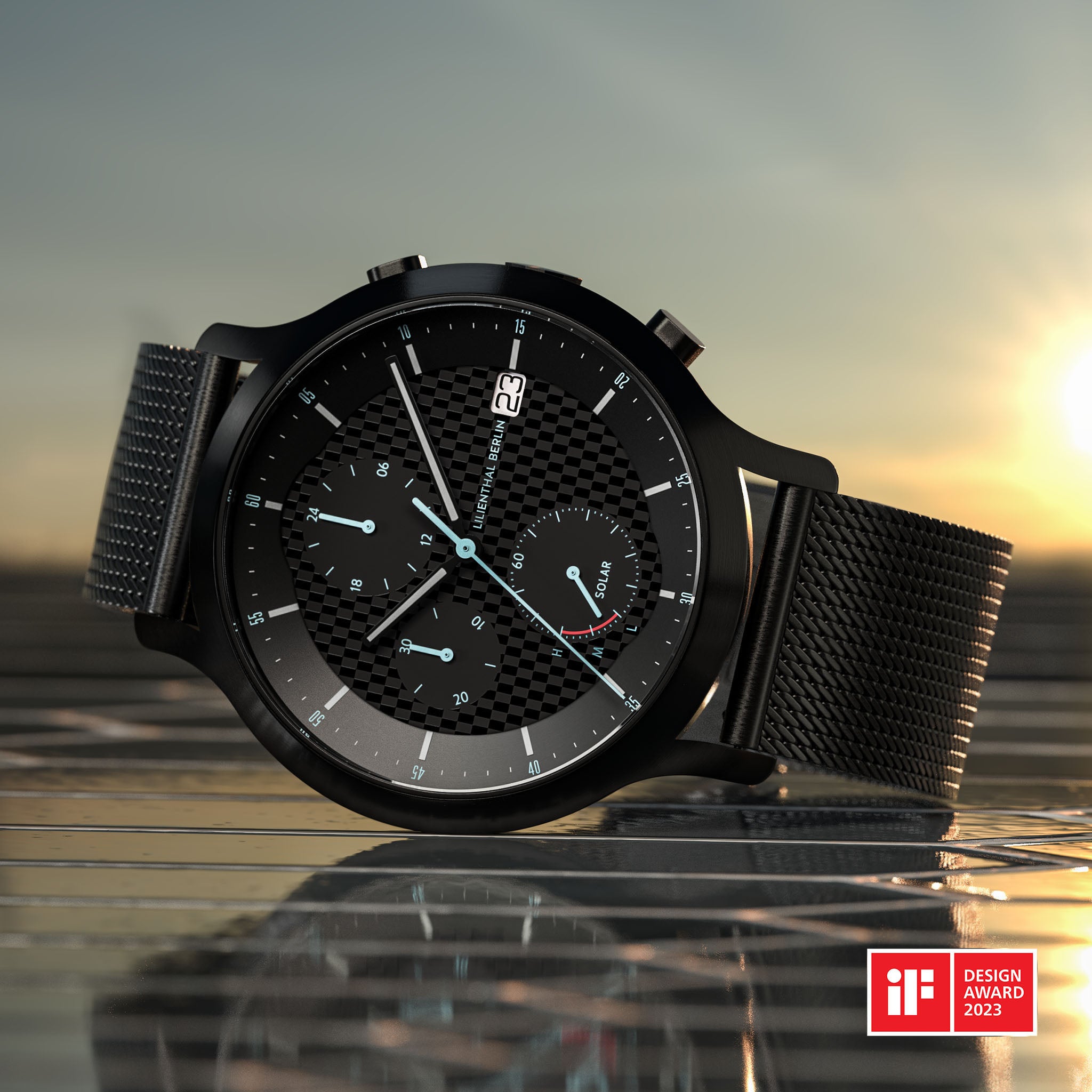 Black chronograph solar watch with mesh strap and textured dial, iF Design Award 2023