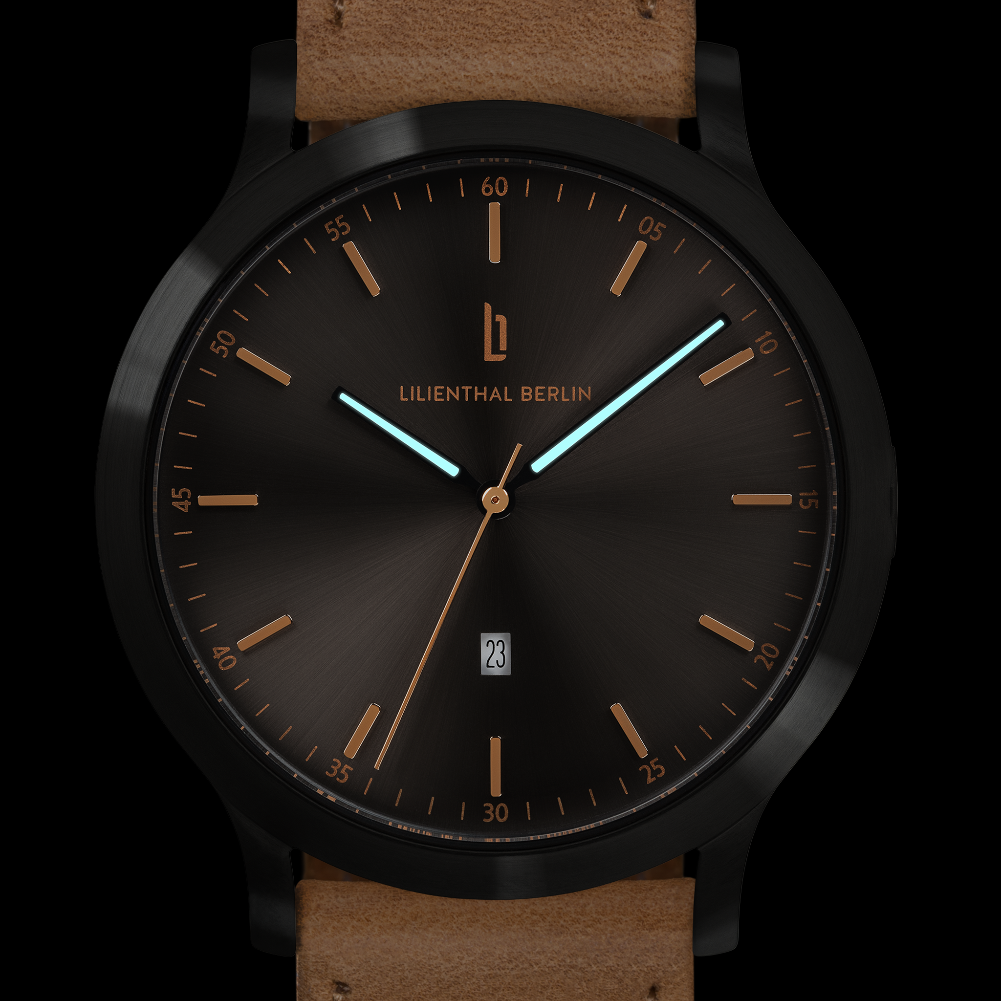 Modern black watch with brown leather strap, minimalist dial, gold accents, and date display