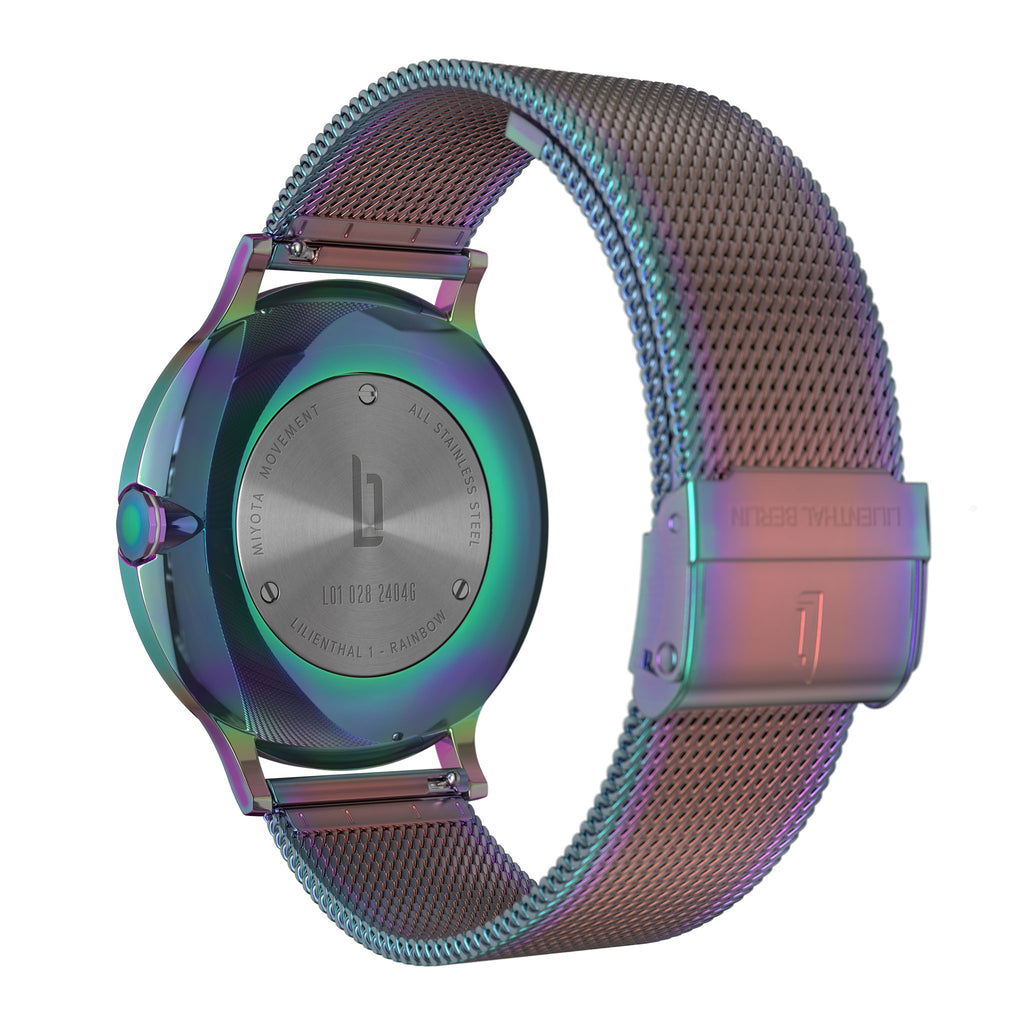 Rainbow-finish stainless steel mesh watch strap and case back with engraved details