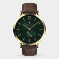 Elegant gold watch with green dial and brown leather strap, minimalist design